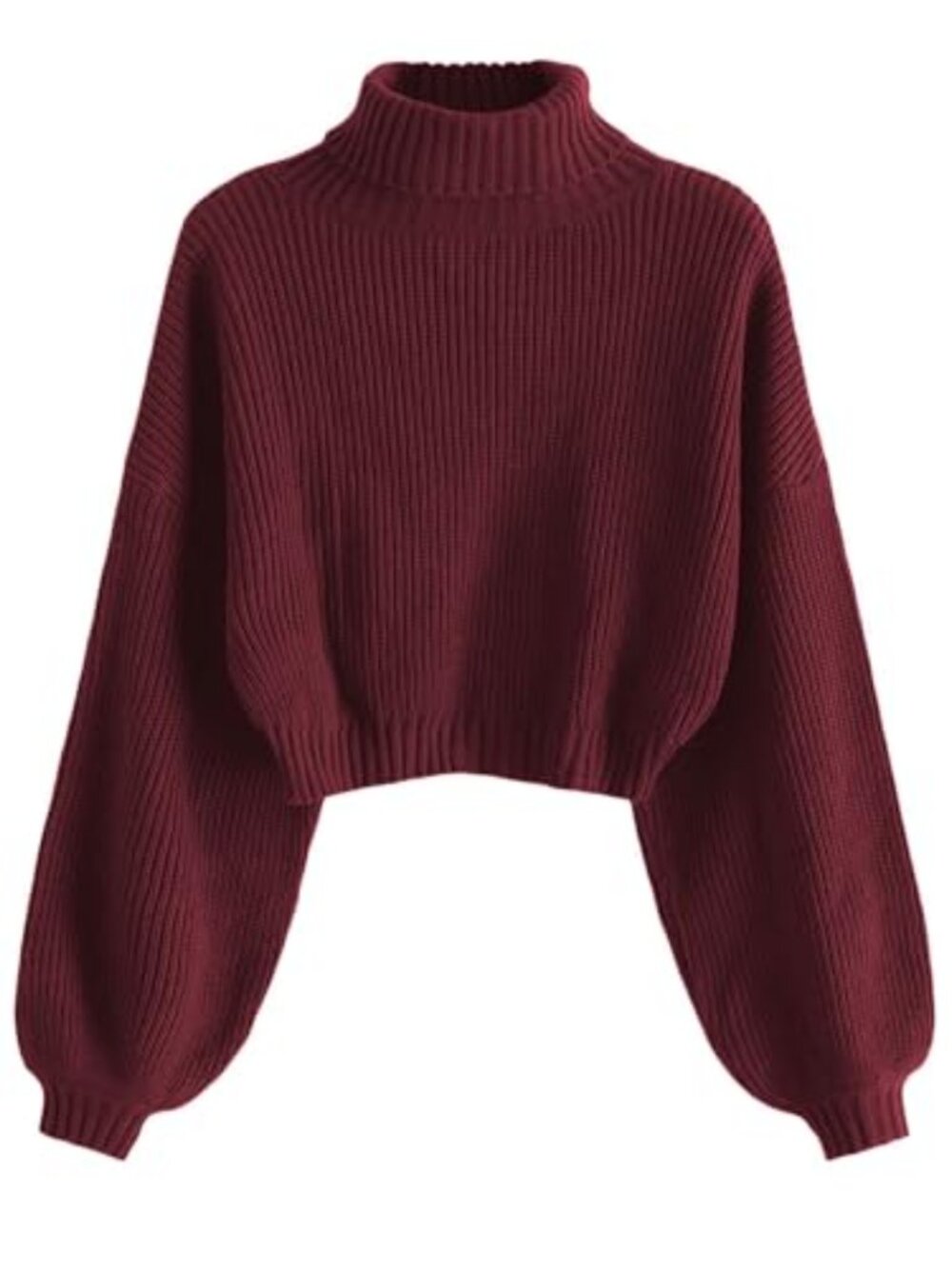 High Neck Lantern Sleeve Ribbed Knit Pullover Crop Sweater